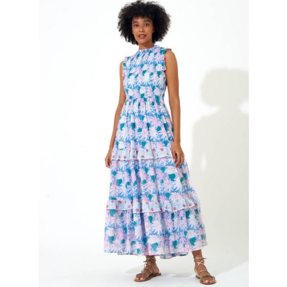Oliphant Blue and White Sleeveless Maxi Dress